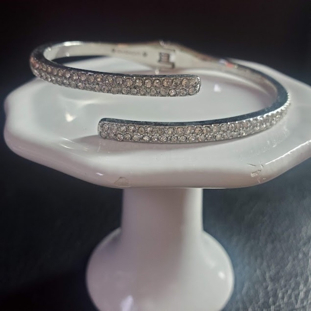 Givenchy Silver Tone Pave Rhinestone Crystal Bypass Hinge Bangle Bracelet Formal